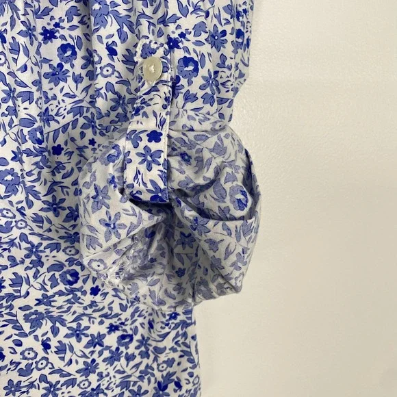 Per Se Shirt Womens 1X Blue White Floral Button Front Long Sleeve Cotton Top - Picture 3 of 13